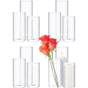 Didaey 12 Pcs Cylinder Vases Set for Centerpieces 3.4''Diameter 4/5/6/7/8/10 Inch Tall Clear Glass Vase Hurricane Floating Candle Holder for Table Decoration (6'',8'',10'' Tall)