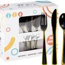 WDF 180 Pieces Black and Gold Plastic Silverware -Halloween Black Plastic Cutlery Incluede 60 Forks 60 Knives 60 Spoons Heavy Duty Disposable Flatware - Gold Utensils for New Year/Party/Daily Use