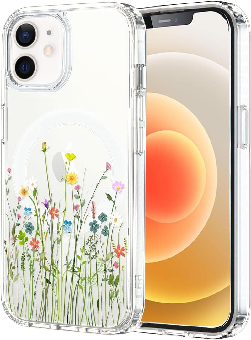Unov Case Compatible with iPhone 12 iPhone 12 Pro Case Magnetic Clear with Design Compatible with MagSafe Slim Protective Soft TPU Bumper with Hard PC Back Embossed Pattern (Flower Bouquet)