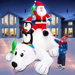 6FT Christmas Inflatable Santa & Penguin Riding Polar Bear Fishing Decoration, Christmas Blow Up Penguin and Bear Inflatable Built-in LED Lights for Christmas Inflatables Outdoor Xmas Decor