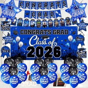 Graduation decorations class of 2026,graduation backdrop sign,Congrats grad banner,Hanging Swirls,Blue grad balloons for men women graduation party decorationsBlue