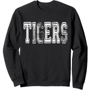 Tigers Mascot Distressed Vintage School Sports Name Fan Sweatshirt (Black)