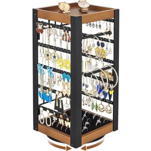 keomaisyto Rotating Earring Holder, Jewelry Holder Organizer with Ring Tray/Necklace/Bracelet Hooks, 360Earring Organizer with Stable Bamboo Base for Jewelry Display (Patent Pending) (Black)