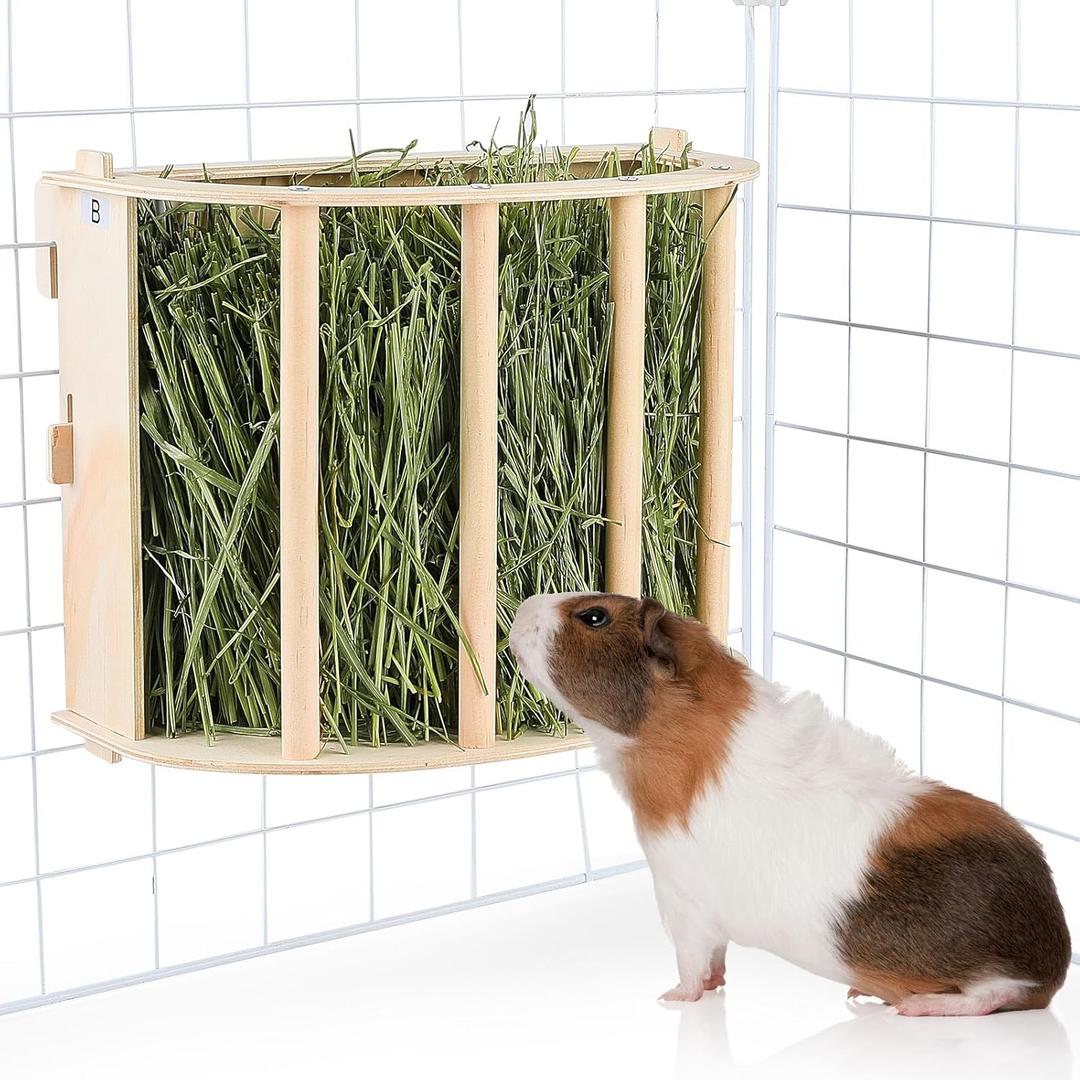 Guinea Pig Hay Feeder Wooden Rabbit Hay Feeder Big Volume Bunny Hay Holder Hanging Hay Rack with Instructions Guinea Pig Cages Accessories for Chinchilla and Ferret, Rabbit Cage Accessories (1 PACK)