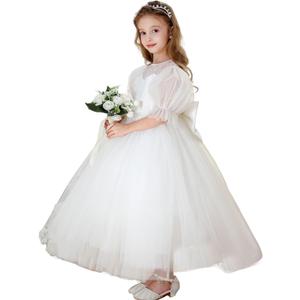 Flower Girl Dress for Wedding Lace First Communion Formal Dresses Kids Birthday Party Pageant Ball Gown (White, L)