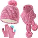 Kids Dinosaur Hat Scarf Gloves Set, Winter Warm Fleece Pompom Beanie Knit Scarf Christmas Gifts for Girls Boys 4-10 yr (Pink)