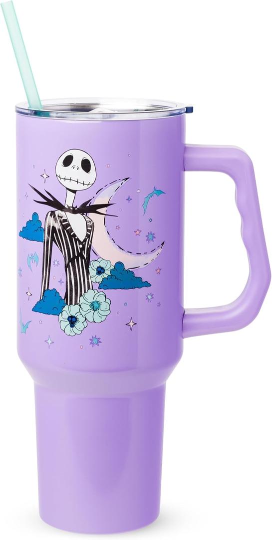 Silver Buffalo Disney Nightmare Before Christmas by Tim Burton Jack Skellington Double Walled Stainless Steel Tumbler with Handle and Straw, Fits in Standard Cup Holder, 40 Ounces
