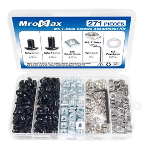 271Pcs M5 T-Nuts Screws Kit, Hammer Head T Slot Nut for 8020 2040 2020 V Slot Aluminum Extrusion Profiles, Sliding & Drop-in T-Nuts, Black M5x8 & 10mm Stainless Steel Screws and Washers, Hex Wrench