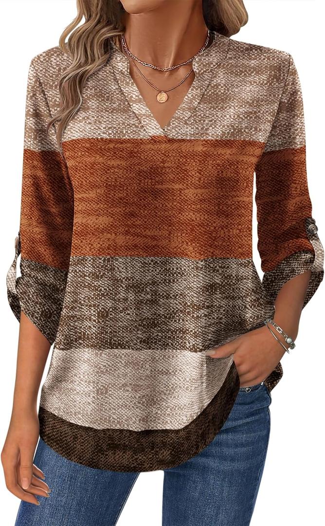 Zeagoo Womens Roll Up Long Sleeve Tops V Neck Shirts Dressy Casual Work Blouses S (Jh398)