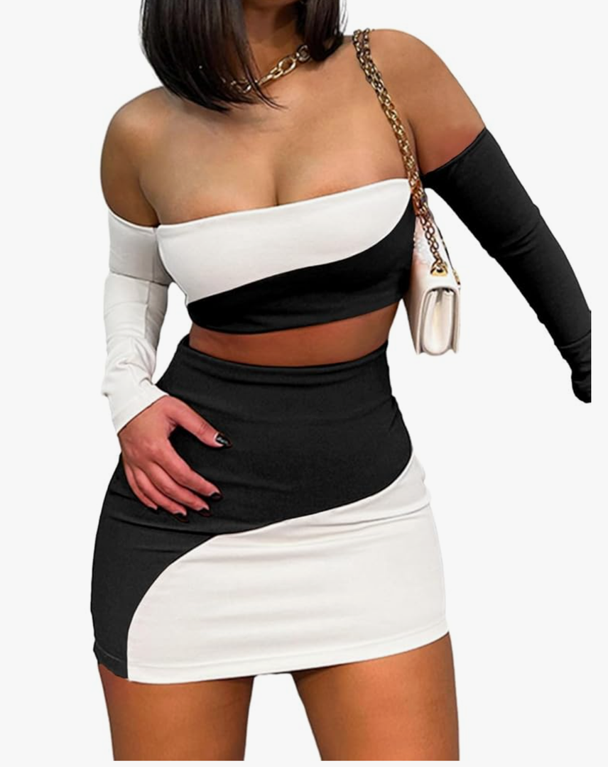 Women's Summer Two-Piece Skirt Sets Sexy Off Shoulders Top Y2K Going Out Short T-Shirt Sets Mini Dress Outfits D293, Size S