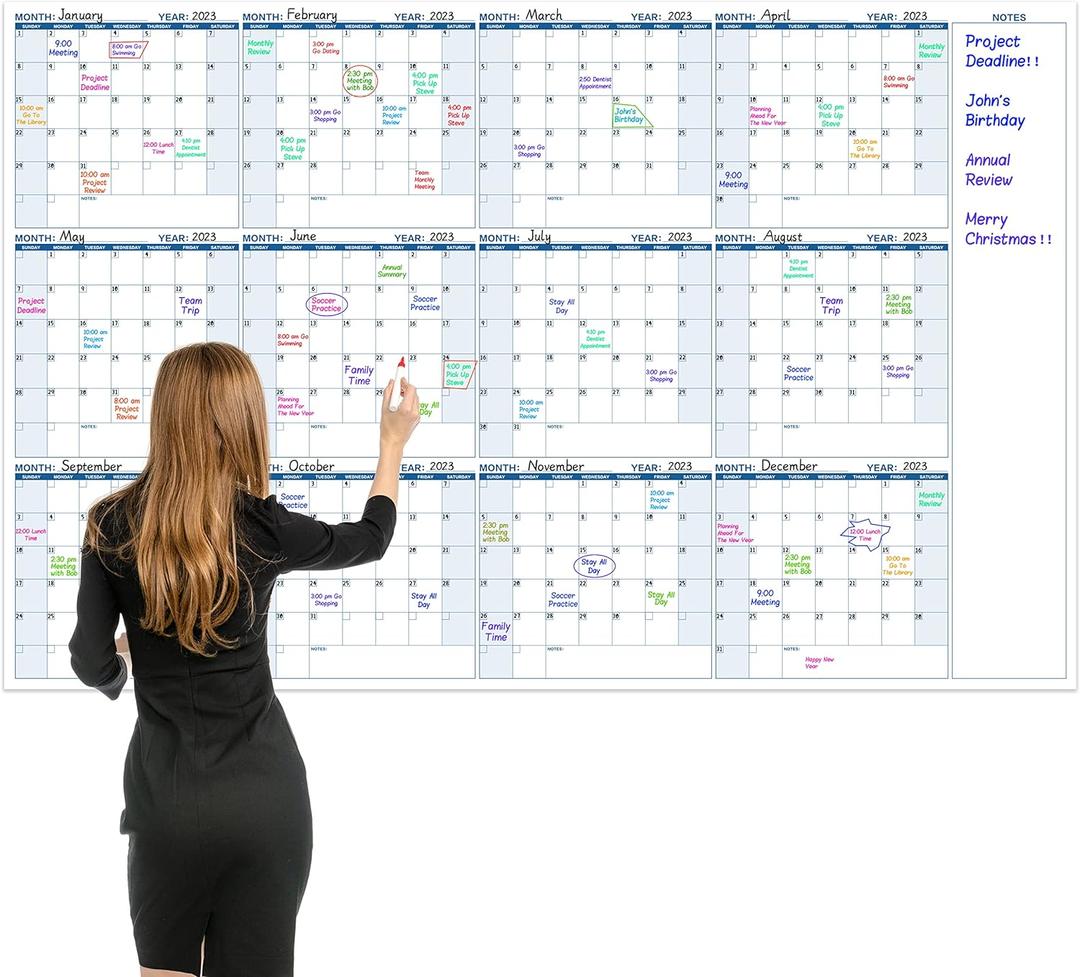 Large Dry Erase Calendar for Wall  Yearly Wall Calendar Dry Erase, 37" x 57.9", 12-Month Undated Blank Calendar Planner, Reusable Laminated Task Organizer with Note, Great for Office, Classroom, Home