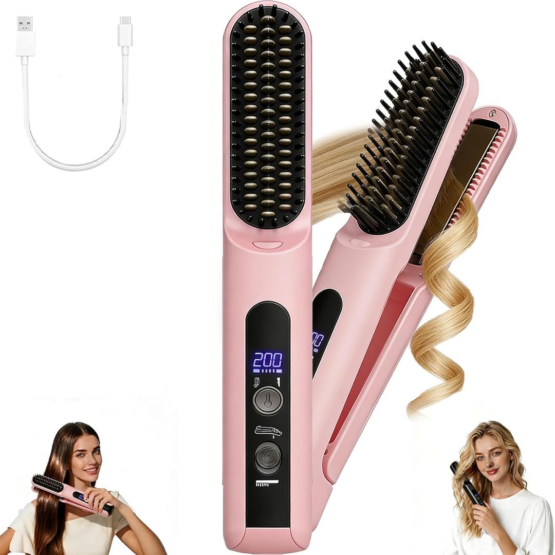 Cordless Hair Straightener Brush - Curler 2 in 1 Hair Styling ToolsPortable Rechargeable Battery-Powered for Travel with 4 Temperature Settings Removable for Easy Cleaning