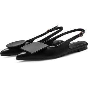 Vertundy Women's Slingback Flats Pointed Toe Flats for Women Low Heel Pumps Ankle Strap Sandals Circle Square Decorative Fashion Design Shoes (6, Black)