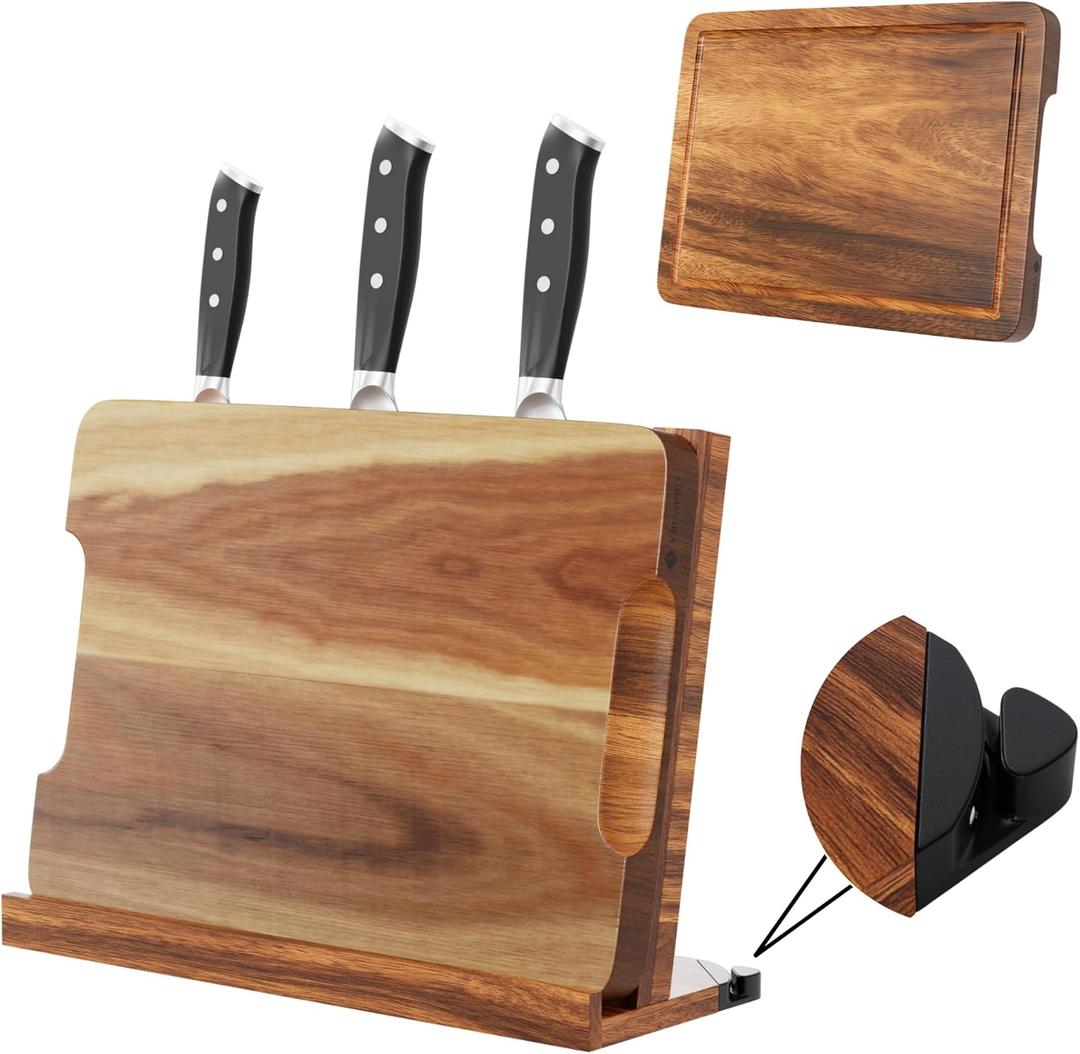 3 in 1 Magnetic Knife Block Stand, 14"x10" Cutting Board, Knife Sharpener - Wooden Magnetic Knife Holder - Acacia Display Holder Double Sided Storage Rack Magnets for Knives - No Assembly Required