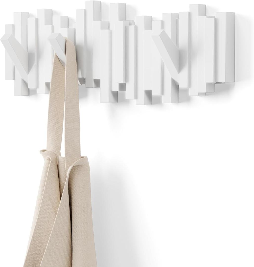 Umbra Sticks Wall-Mounted Coat Rack Rail Hook with 5 Retractable Pegs Modern, Space-Saving Storage Organizer, White