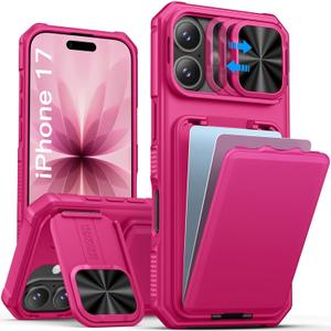 SSLOTSCASE for iPhone 17 Case Wallet with Card Holder & Camera Cover Stand & Kickstand & Sliding Camera Lens Cover, Men Women Hard Military-Grade Protection Phone Case Cover for iPhone 17 2025, Pink