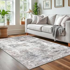 Modern Abstract 4x6 Living Room Washable Rug Non-Slip Soft Bedroom Area Rug Beige Grey Neutral Thin Print Faux Wool Floor Carpet Throw Rugs for Nursery Playroom Dining Room Indoor Office
