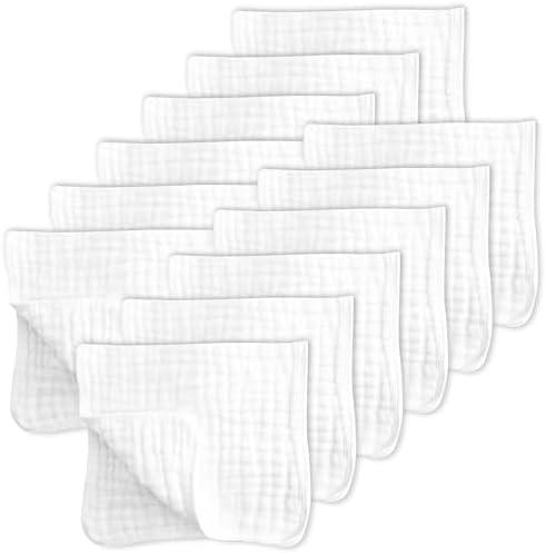SWEET DOLPHIN 12 Pack Muslin Burp Cloths Large 100% Cotton Hand Washcloths for Baby - Baby Essentials Extra Absorbent and Soft Boys & Girls Milk Spit Up Rags for Newborn Registry - White, 17.5" X9"