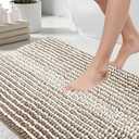 HDFK Bath Mat & Bathroom Rug - Machine Washable Soft Chenille Shower Carpet, Maximum Absorbency Non-Slip with Odorless Hot Melt Base, Slim Striped Design for Bathtub Floors (24x16 Inch, Tan & White)