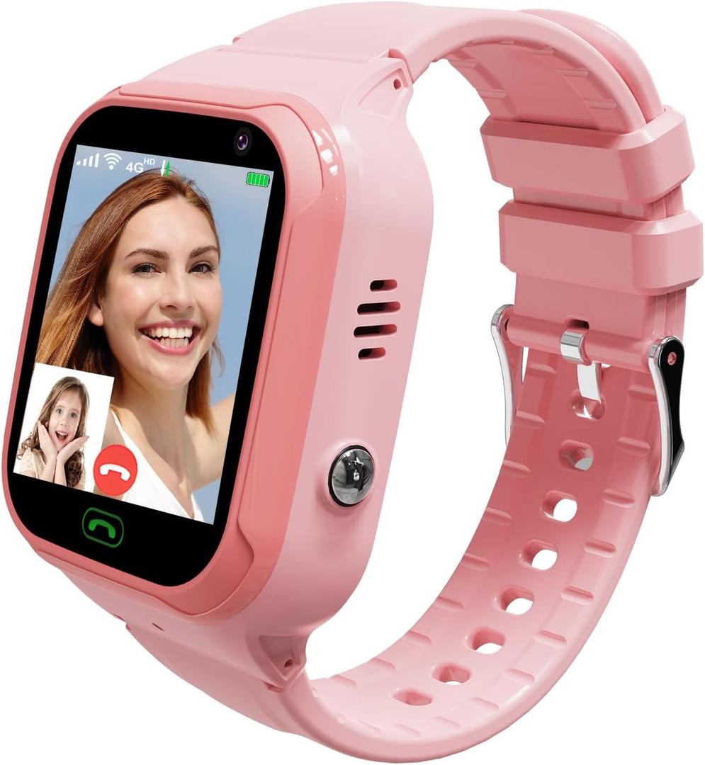 4G Kids Smart Watch GPS Tracker, Boys Girls Kids Smartwatches Phone Watch Video Call SOS Emergency Alarm Voice Chat Game and Touch Screen Tracking Smartwatch for Age 4-12 (Pink)