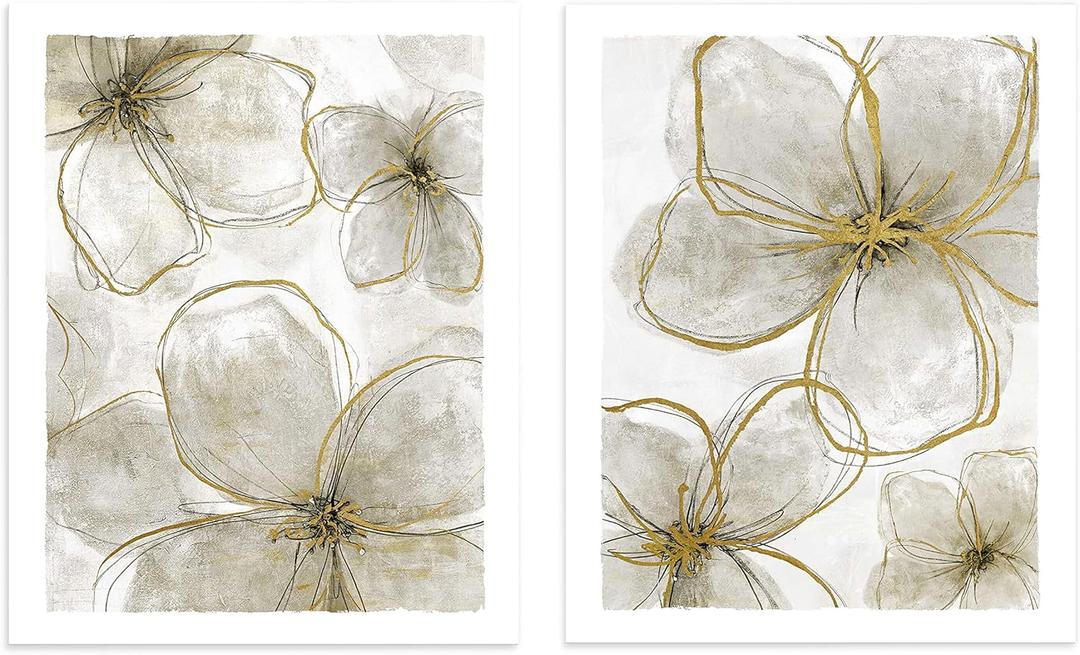 Flower Pictures Wall Art Prints: 8x10 Inches Floral Blossom Artwork Gold Foil Abstract Botanical Wall Decor for Living Room Bedroom Bathroom UNFRAMED Set of 2 (Floral Theme 01)