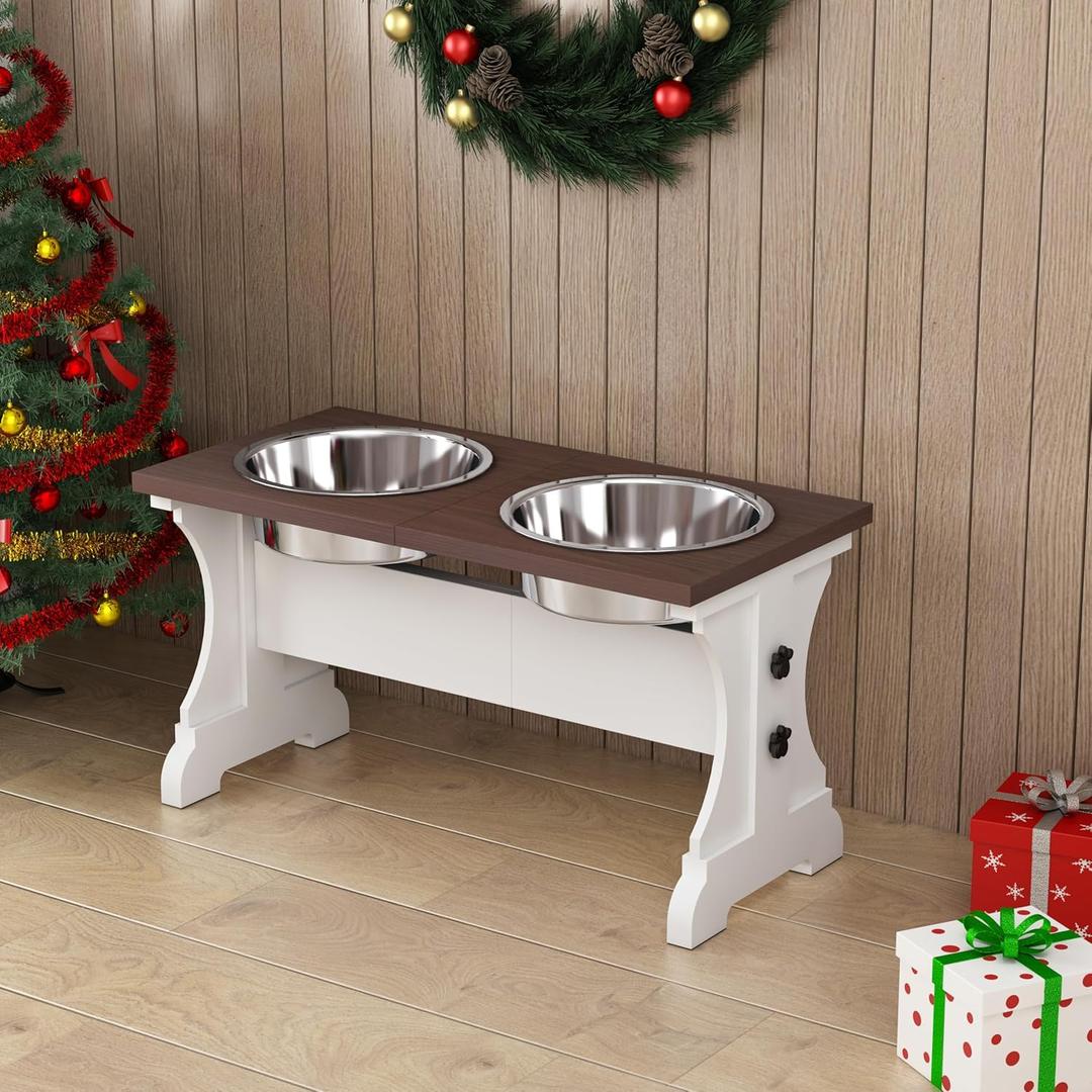 Elevated Dog Bowls,Farmhouse Dog Bowls Stand, Raised Dog Bowl with 2 Stainless Steel Wooden Dogs Bowls,7 Cups 11''H_55 oz Bowl-Farmhouse Style