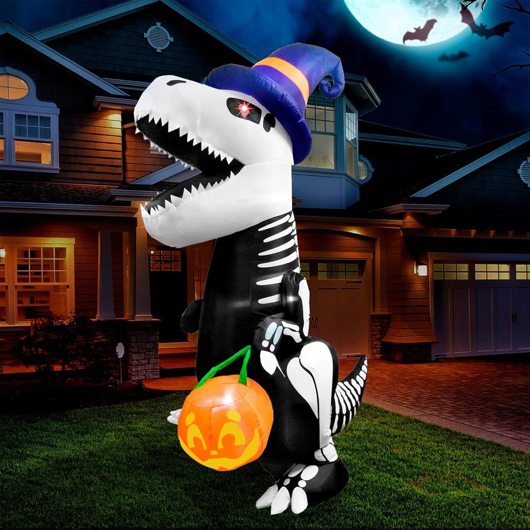 Joiedomi 8 FT Halloween Inflatables Outdoor Decorations, Halloween Blow Ups for Yard, Inflatable Skeleton Dinosaur with Pumpkin for Outside Garden Decor
