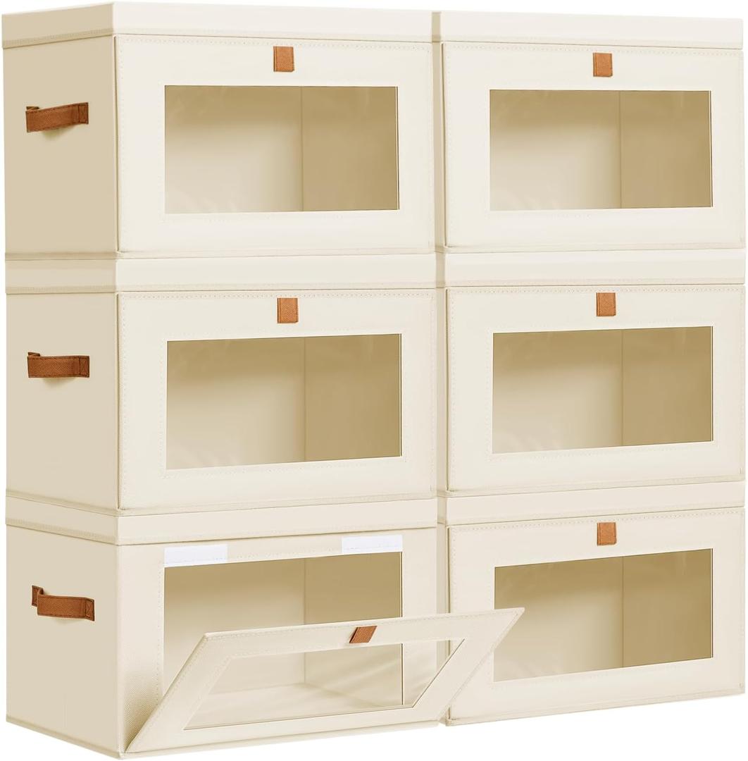 DIMJ Storage Bins with Lids - 6 Pack Large Fabric Closet Organizer with Window & Handles, Collapsible Decorative Storage Boxes for Shelves Under Bed, Books Clothes Blankets Sweaters Organization (Beige)