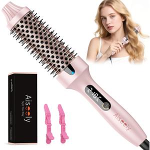 AISEELY Thermal Brush Curling Iron, 1.5 Inch Ceramic Heated Round Brush, Curly and Straight Hair, 6 Temperature Settings, Negative Ion Less Damage, Dual Voltage Hair Tools, Pink