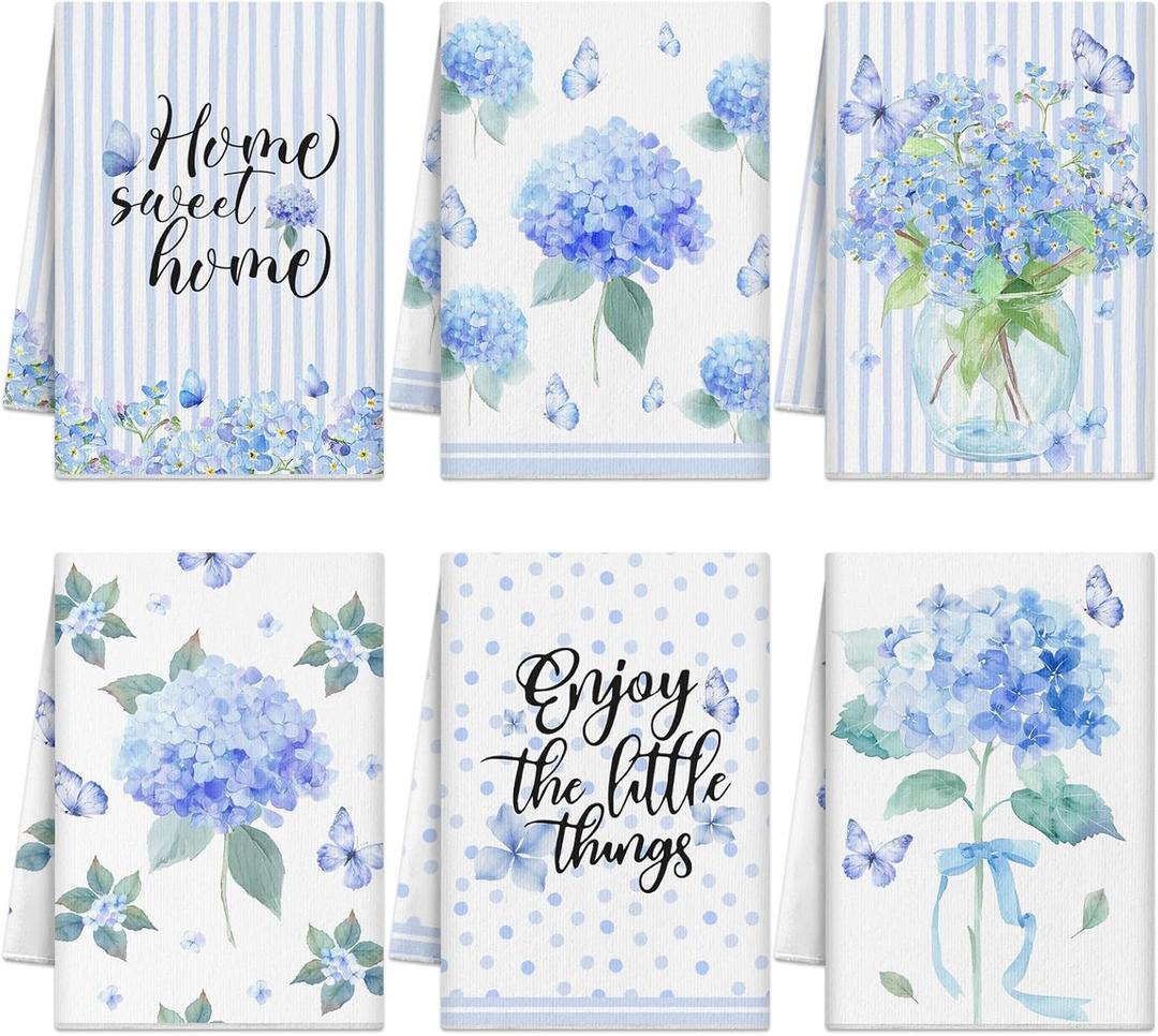 6Pcs Spring Hydrangea Kitchen Towels Set Blue Floral Butterfly Hand Dish Towels Blue Hydrangea Microfiber Dishcloths Kit Spring Tea Guest Towel Kitchen Bathroom Home Decor Housewarming Gifts
