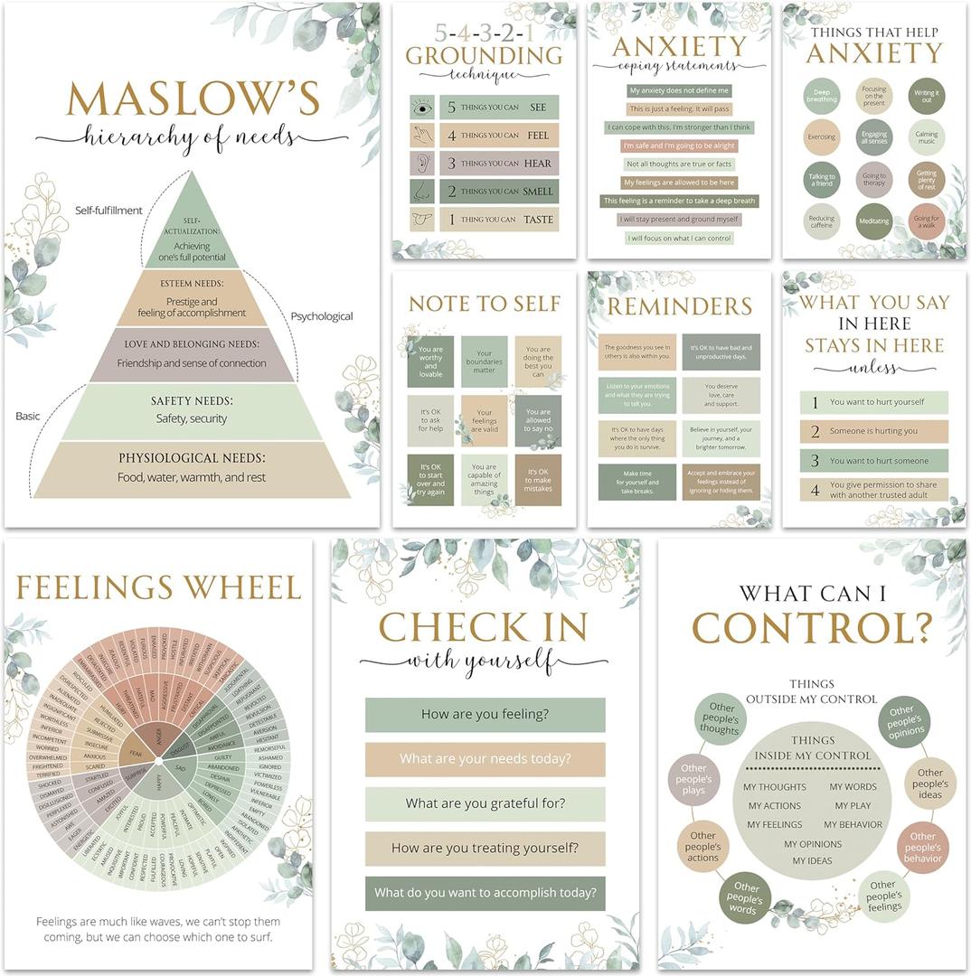 10 Greenery Mental Health Posters, Anxiety Therapy Matters Poster, Counseling Office Must Haves, School Counselor Supplies, Therapy Office Decor - Home - Classroom Decoration, Mental Health Gifts