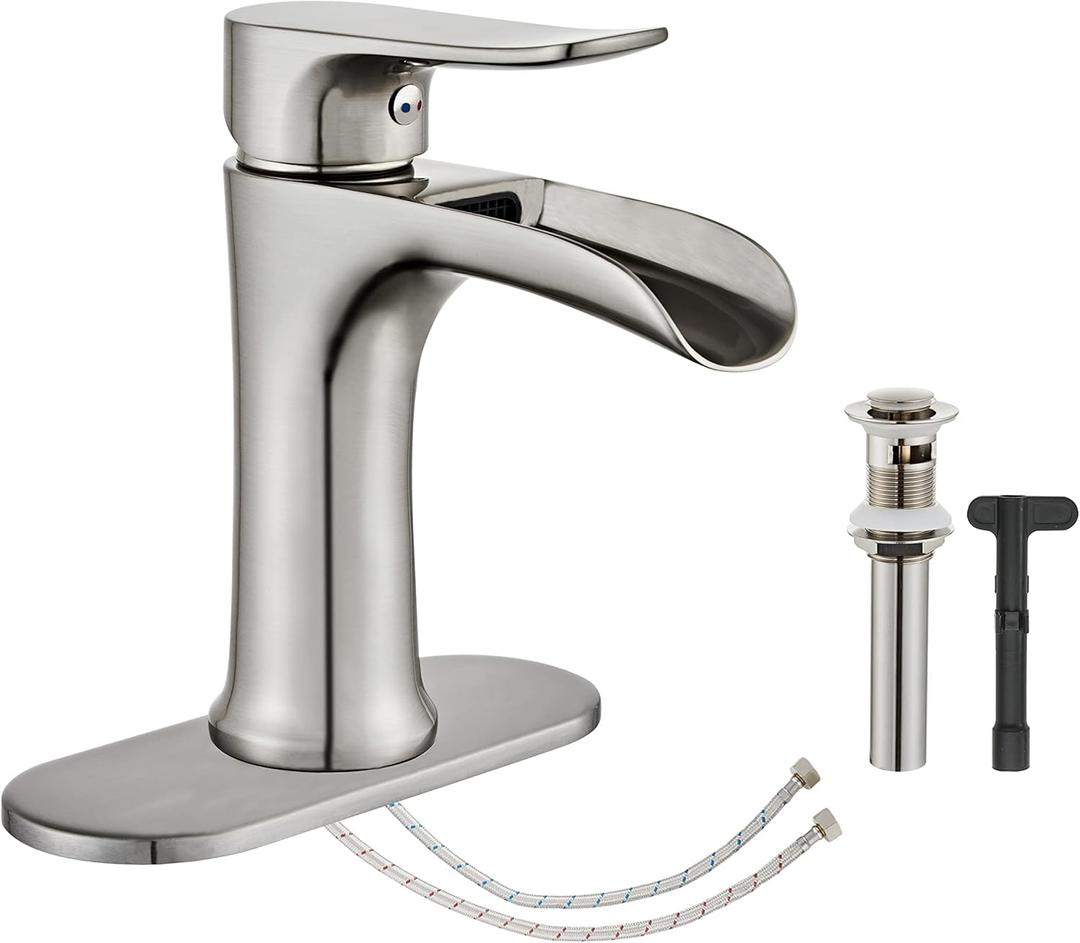 Brushed Nickel Bathroom Faucet Yundoom Waterfall Single Hole Single Handle Bathroom Sink Faucet with Pop Up Drain