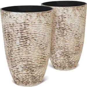 Worth 9 Gallon Tall Round Planters Set of 2-14" Dia x 21" H Stone Finish Flower Pots Indoor Decorative Container Garden Patio Unbreakable Beige