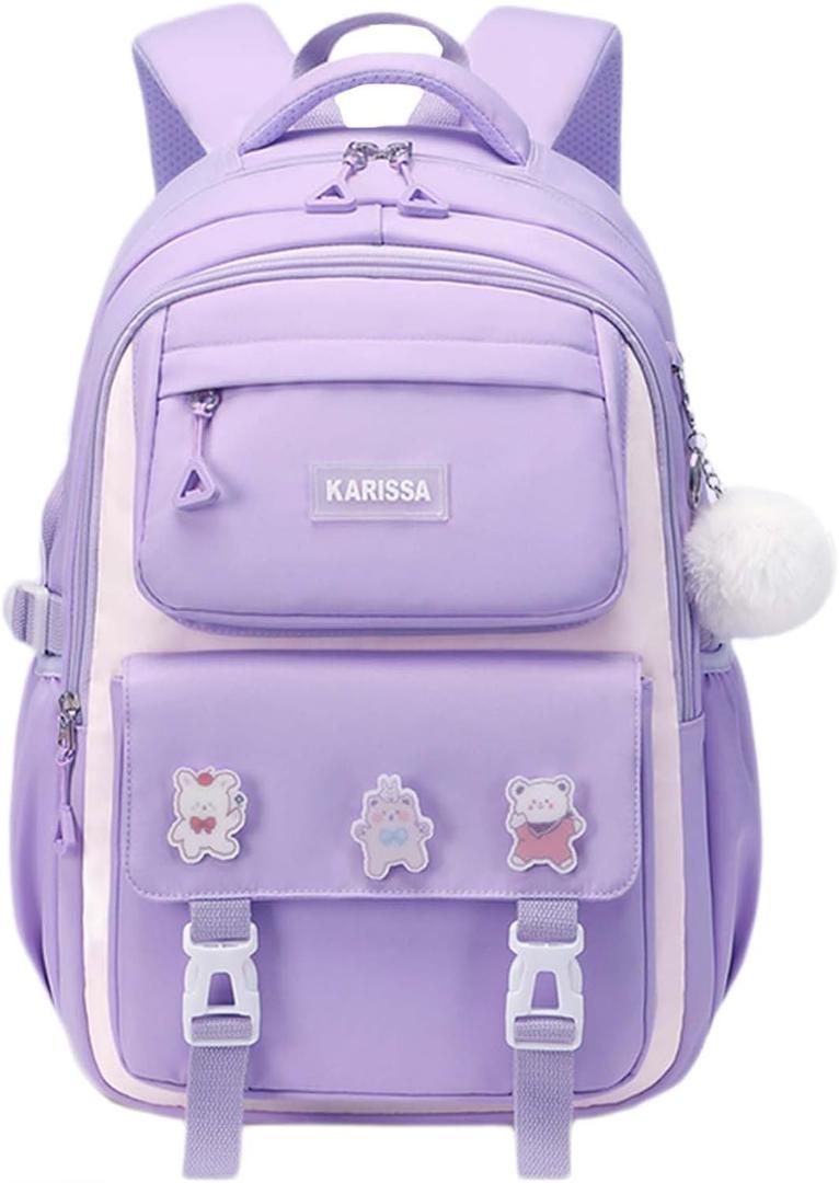 Cute Backpack for Kids Teen Girls Large Kawaii Aesthetic Elementary Middle School Student Bookbag Preppy Laptop Backpack for Ages 6-8 8-10 10-12 with Pin Accessories Plush Pendant, Purple