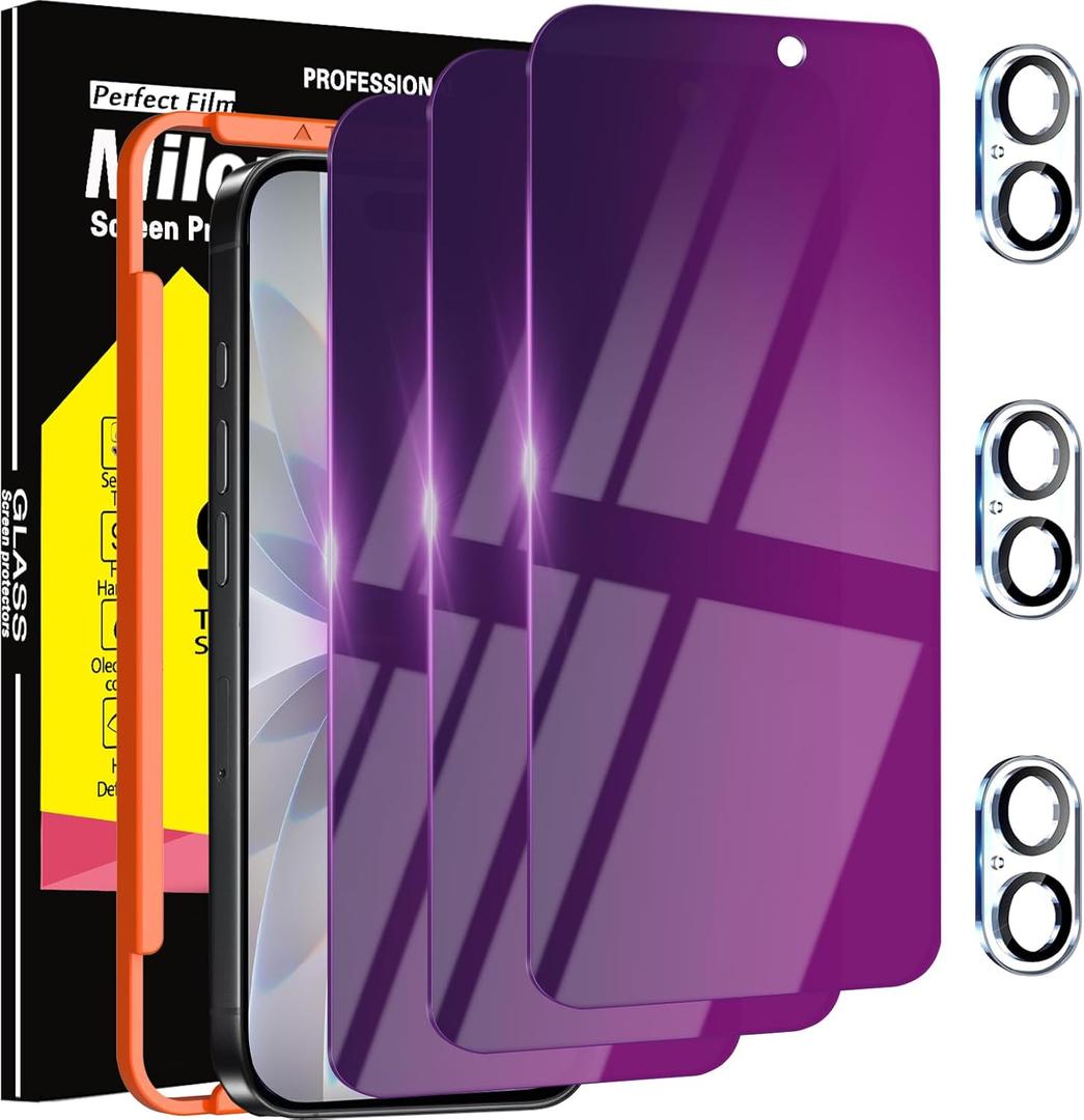 Milomdoi 3 Pack Gradient Colorful Privacy Screen Protector for iPhone 17 [Anti-Blue Light Private Film], 3 Pack Camera Lens Protector Accessories, Case Friendly, Anti-Spy Tempered Glass,Purple