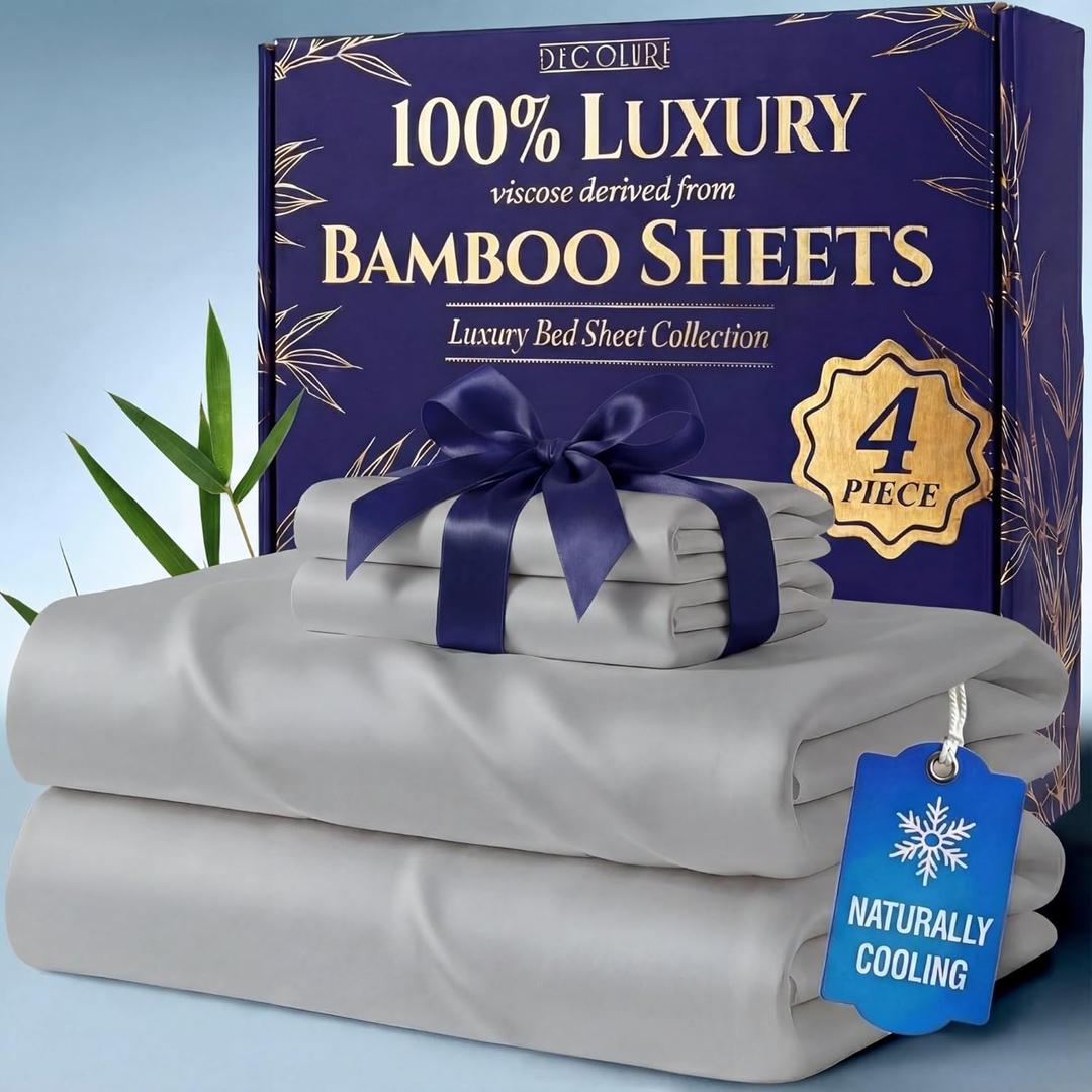 DECOLURE 100% Viscose Derived from Bamboo Sheets King Size - Luxury 4 Pc Naturally Cooling Sheets, Ultra Soft Bed Set - Deep 17" Pockets, Durable Double Stitching, Oeko Tex Standard (Light Grey)