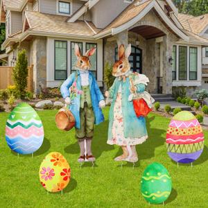6 Pack Easter Yard Signs Vintage Bunny Couple & Colorful Easter Eggs Corrugated Plastic Lawn Signs Outdoor Spring Decor for Lawn, Patio, Egg Hunt Party