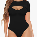 MANGOPOP Womens Long Sleeve Bodysuit Sexy Front Cutout Round Neck Body Suits (Black, XL)