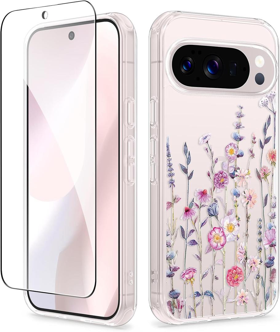 GVIEWIN for Google Pixel 10 Pro XL Case with Screen Protector, [Military Grade Drop Protection] Non Yellowing Clear Floral Slim Phone Cover for Women 2025 6.8" (Floratopia/Colorful)
