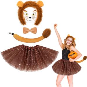 5 Pcs Halloween Animal Lion Costume Set, Ears Headband Tail Bow Tie Tutu and Animal Face Sticker for Women Girls Cosplay