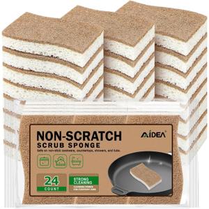 AIDEA Sponges Non Scratch, 24Count, Natural Sponge for Non Stick Cookware, Sponges Kitchen, Cellulose Scrub Sponge for Dishes, Cleaning Power for Kitchen, Bathroom, Household (Brown)
