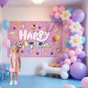 7x5 FT Birthday Banner Backdrop Pink Background Wall Decor for Kids Girls Cartoon Dog Theme Party Decorations