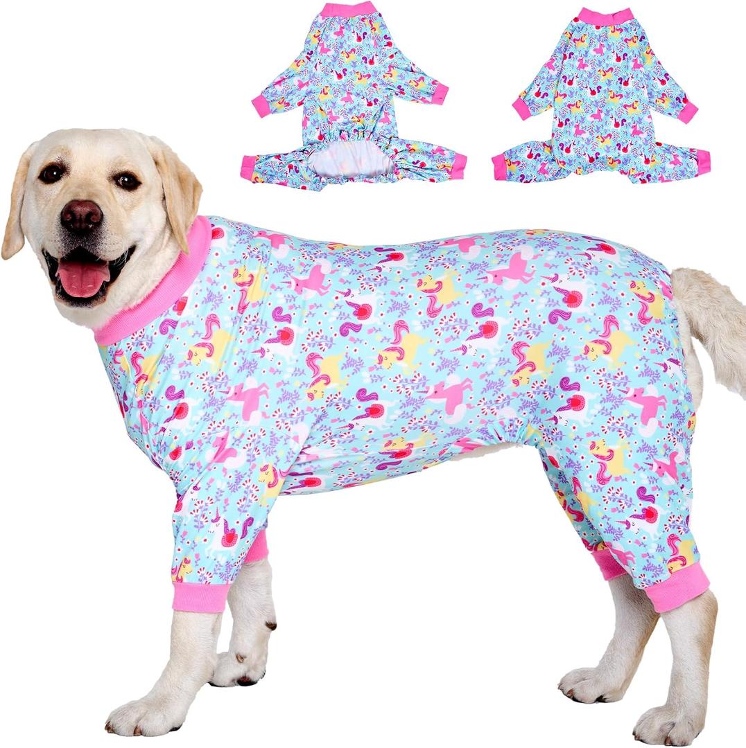 LovinPet Pitbull Dog Pajamas,Pet Pajamas for Dogs, Wound Care/Post Surgery Dog Clothes,Lightweight Stretchy Pitbull P'js, Onesies for Dogs, Seafoam Unicorn Print,Large Breed Rottweiler Jammies /3XL