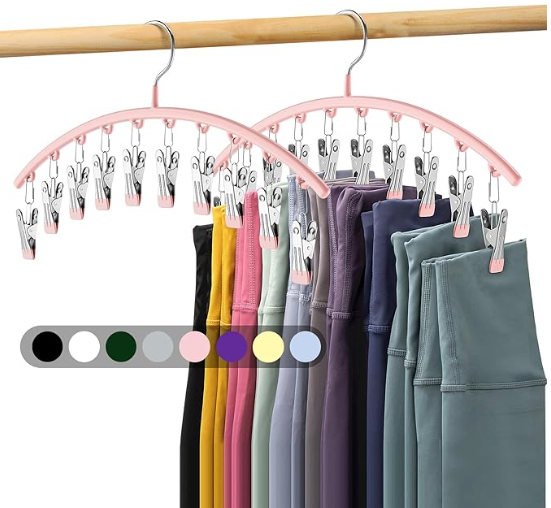 Legging Organizer for Closet, Metal Yoga Pants Hangers 2 Pack w/10 Clips Holds 20 Leggings, Space Saving Hanging Closet Organizer w/Rubber Coated Closet Organizers and Storage, pink 