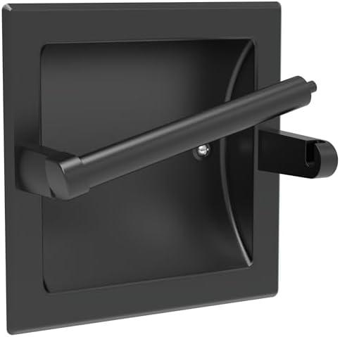 WZKALY Matte Black Recessed Toilet Paper Holder for Large Rolls, Pivoting Black Toilet Paper Holder Wall Mount Stainless Steel, in Wall Toilet Paper Holder Black, Bathroom Toilet Paper Wall Holder