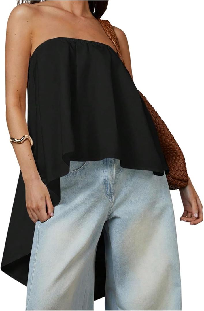 SweatyRocks Women's Asymmetrical High Low Tube Tops Open Back Strapless Flowy Bandeau Blouses (X-Large, Black)