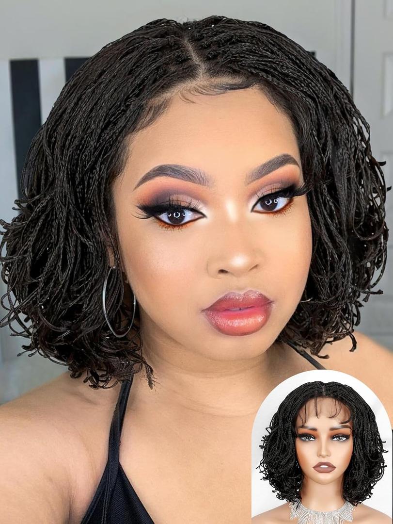 FANCEE Curly Braids Bob Wig Double Full Lace Curly Micro Box Braided Bob Wig with Baby Hair Pre Plucked Knotless Squrare Part Mini Braid Twist Locs Wig for Black Women