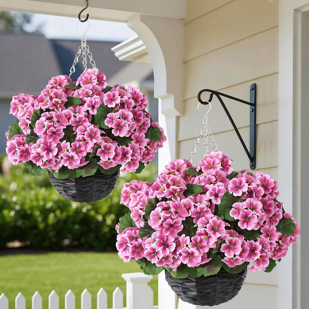 GLIDLION 2 Set Artificial Geraniums Flowers with Hanging Baskets for Outdoors - Sun Resistant Silk with Geranium Flowers, Fake Hanging Planters for Front Porch Garden Patio Home Decor (Pink)