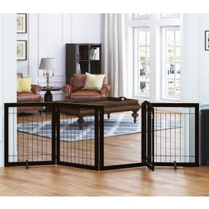 SPIRICH 96-inch Extra Wide 30-inches Tall Dog Gate with Door Walk Through, Freestanding Wire Pet Gate for The House, Doorway, Stairs, Pet Puppy Safety Fence, Support Feet Included(Espresso)
