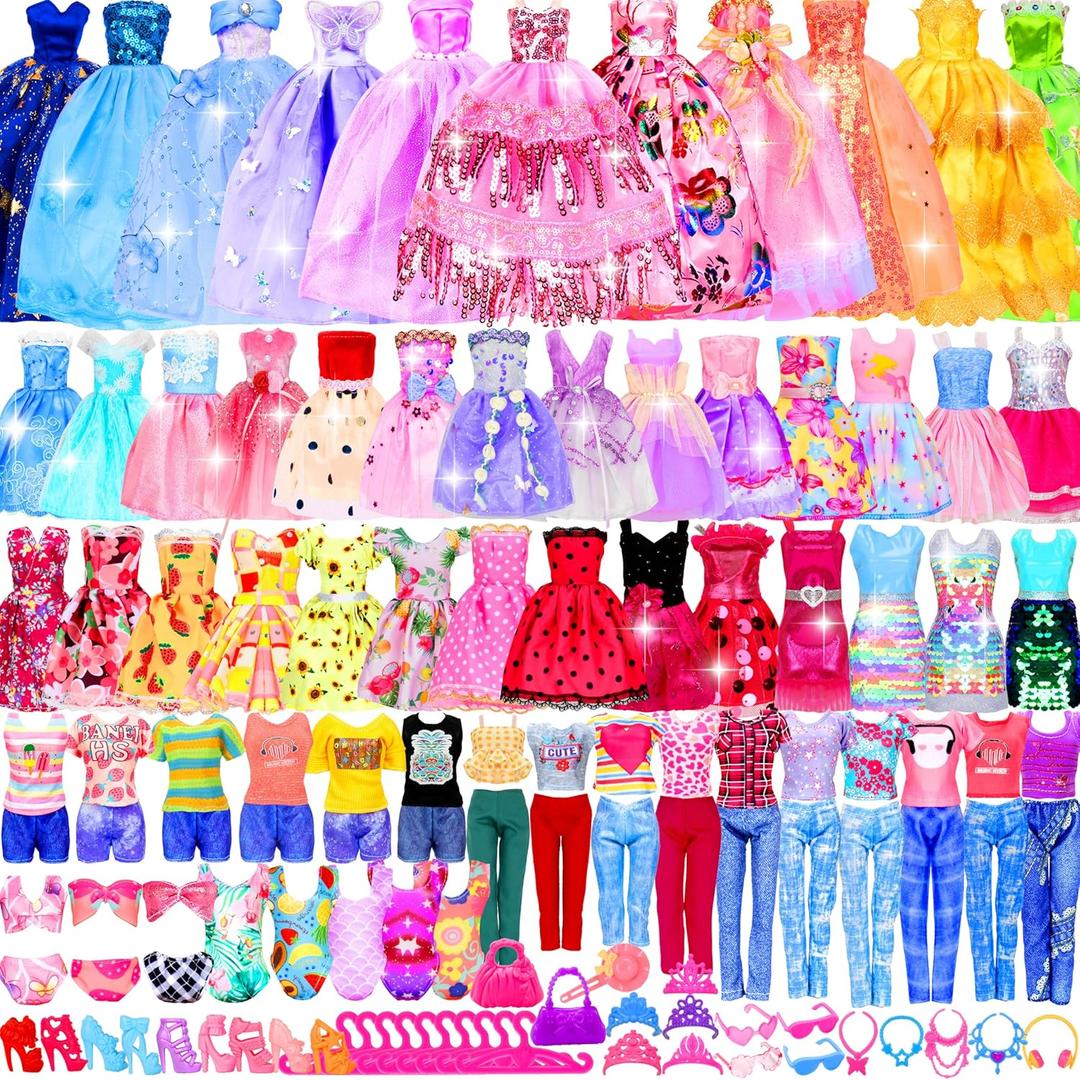 195 Pcs Doll Clothes and Accessories Kit, Includes Princess Gowns, Fashion Skirt, Slip Dresses, Tops, Pants, Bikini Swimsuits, Shoes, Crowns, Necklaces, Glasses, Hangers in Gift Box for 11"-12" Dolls